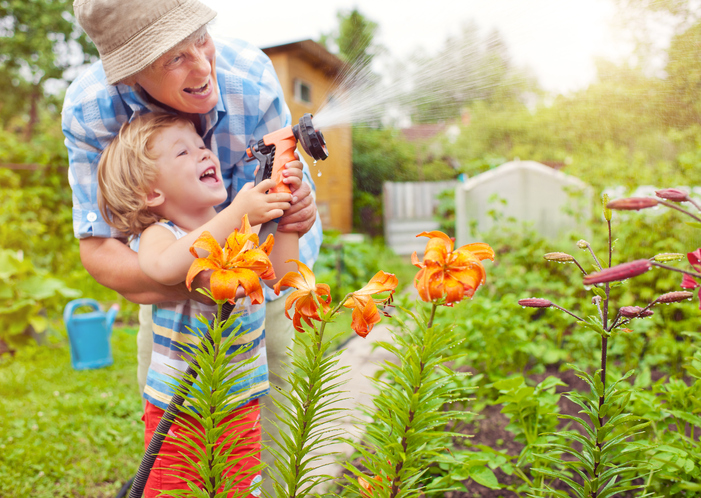 grandfather using the water hose with grandson to water vegetable garden