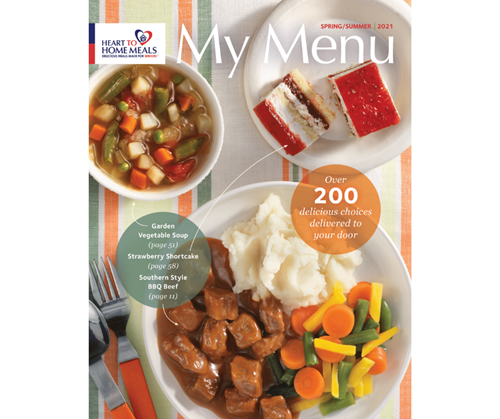dinner menu with garden vegetable soup, strawberry shortcake and southern style bbq beef
