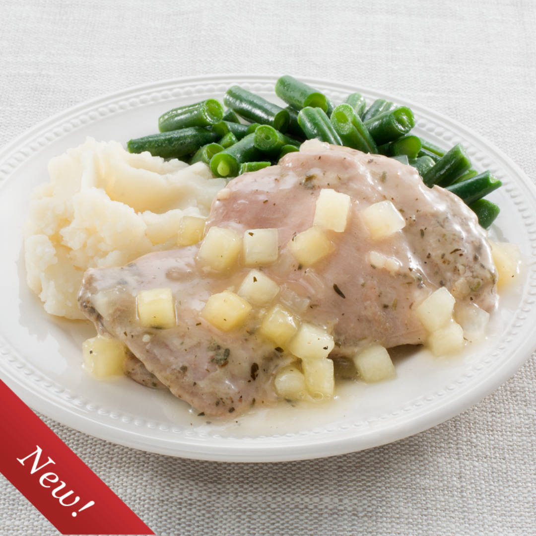 84824-(1).png Honey and Apple Glazed Chicken Thigh – A skinless, boneless chicken thigh topped with an apple and honey glaze, served with mashed potatoes and green beans.